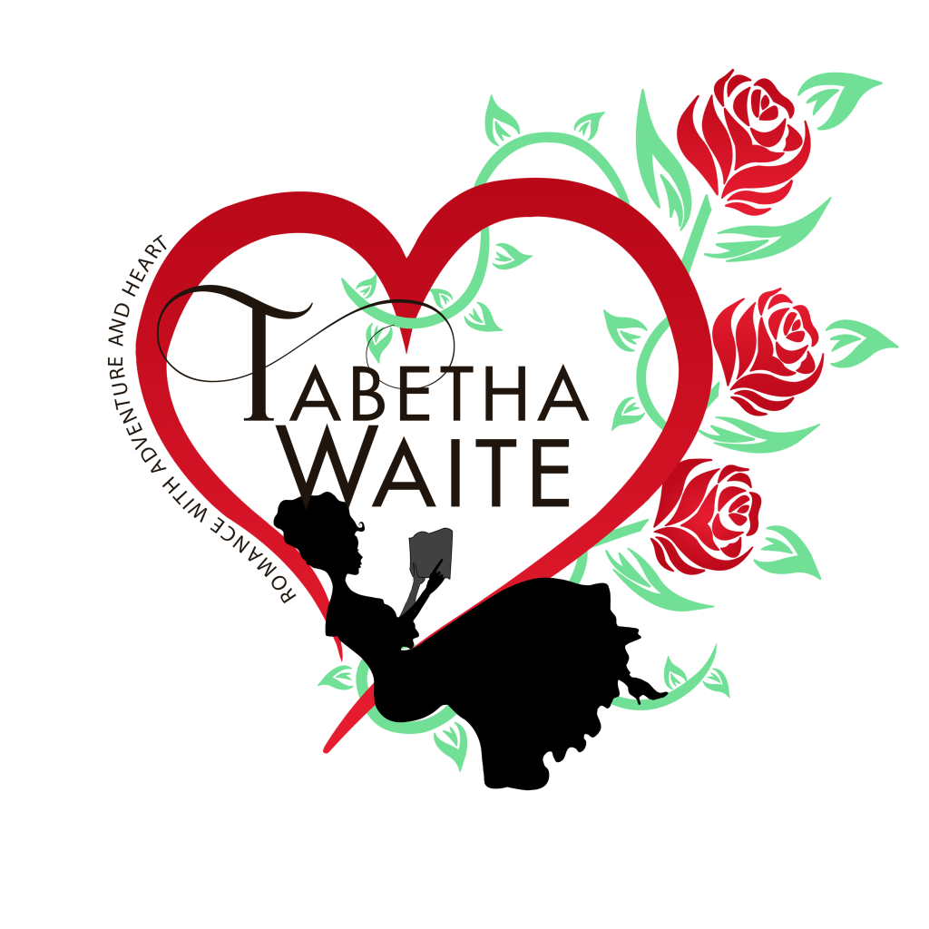 Logo for Tabetha Waite. A large red heart with roses entwined around it. A woman in a fancy dress sits at the bottom of the heart. The words "Tabetha Waite" are in the center and "Romance with adventure and heart" going up the left side of the heart. 